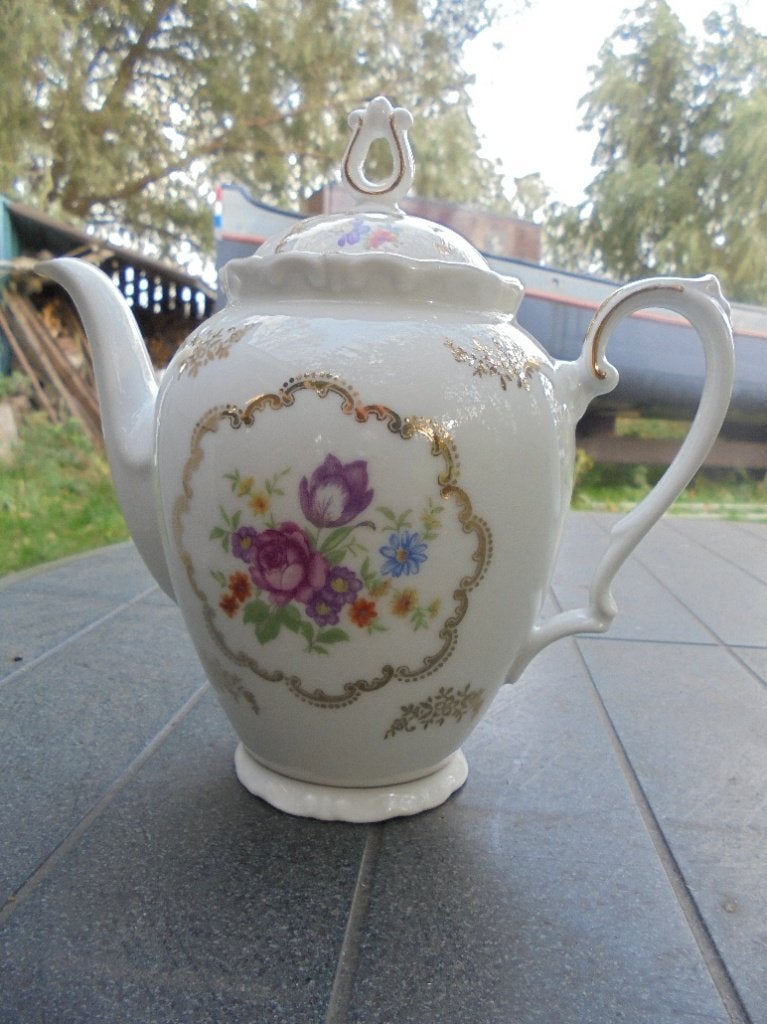 Mokka Koffiepotje Kahla met bloemboeket / roze roos en goud, Antiek en Kunst, Ophalen of Verzenden