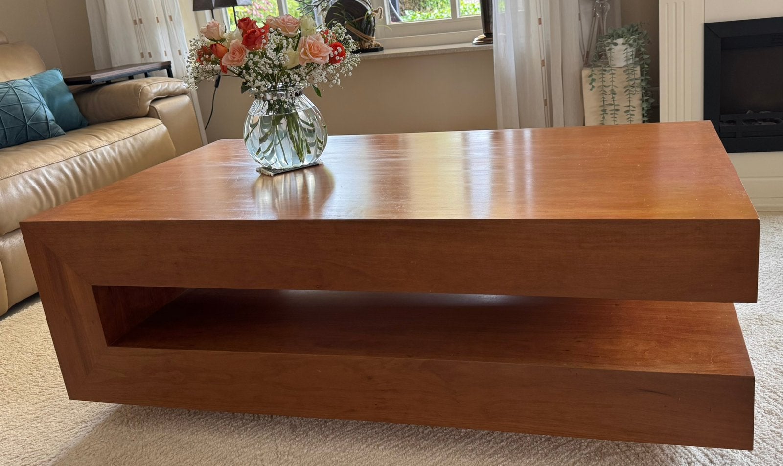 DESIGN C-Salontafel gefineerd kersenhout in wasolie 130x70, Huis en Inrichting, Ophalen, Gebruikt, 100 tot 150 cm, Design