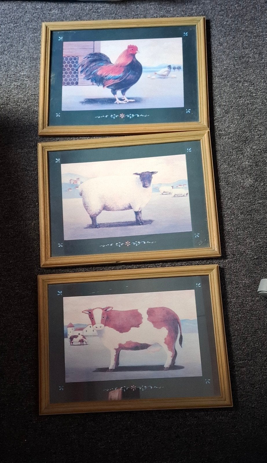 Set van 3 ingelijste prints: kip, schaap en koe, Minder dan 50 cm, Gebruikt, Ophalen of Verzenden, Print