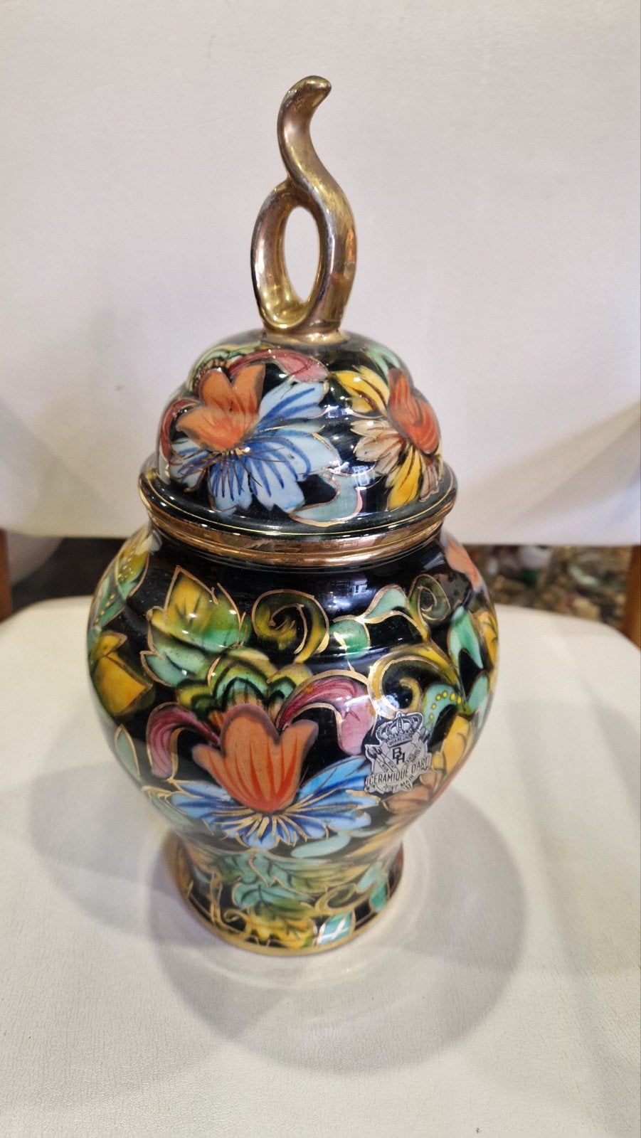 Vintage H. Bequet Quaregnon vaas met deksel - bloemenmotief, Ophalen of Verzenden