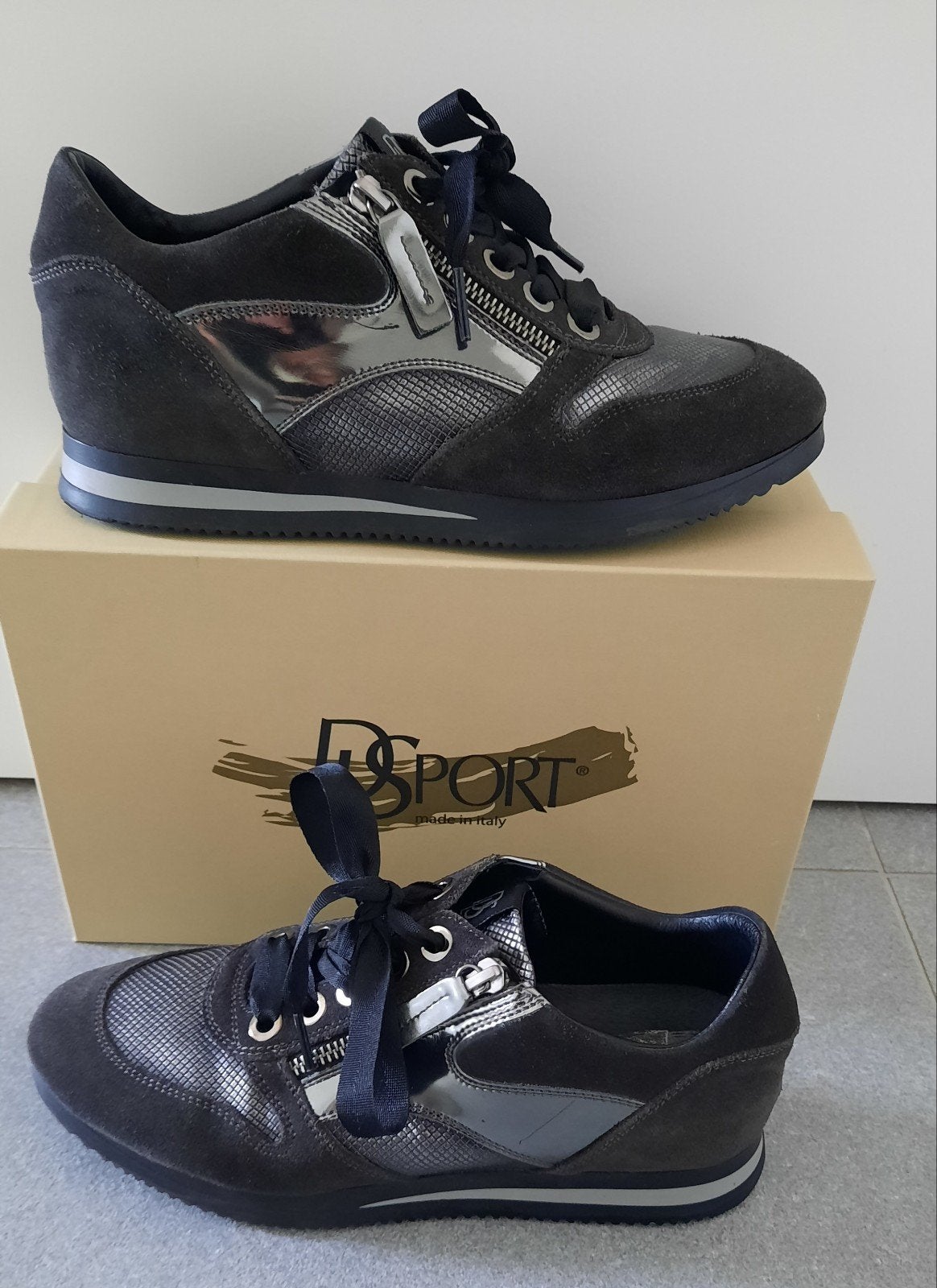 DLSPORT Italiaanse sneakers - Grijs leer - Maat 39, Ophalen of Verzenden, Grijs, DLSPORT, Sneakers of Gympen