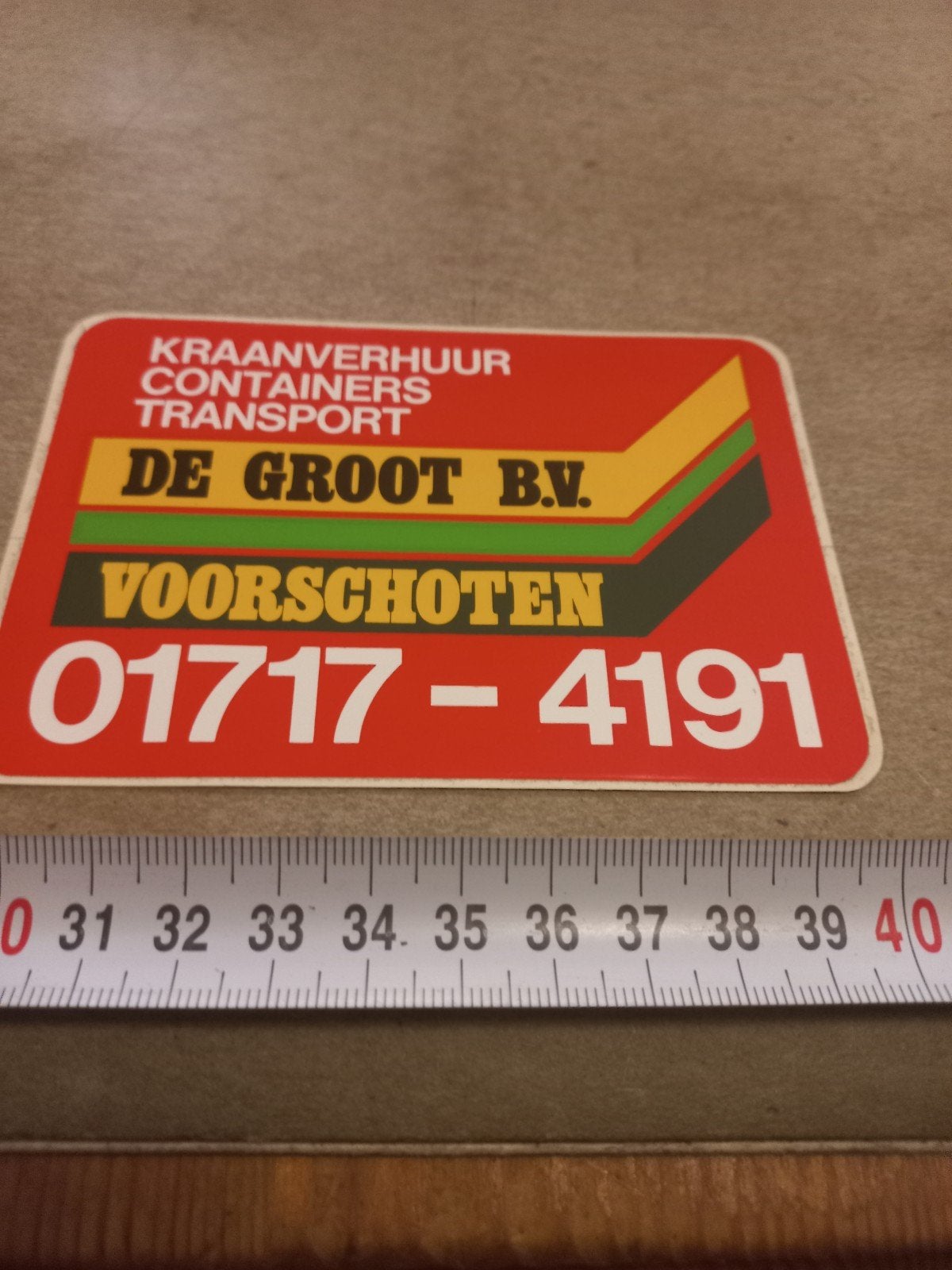 Vintage sticker De Groot B.V. Kraanverhuur Voorschoten, Ophalen of Verzenden