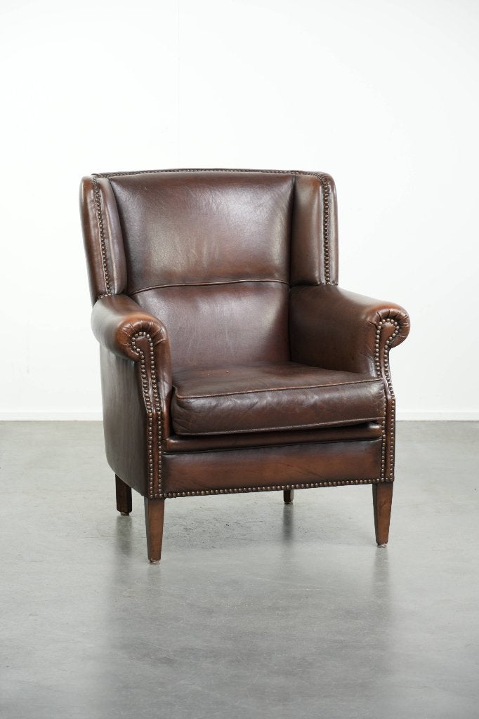 Mooie subtiele schapenleren oorfauteuil/ armchair, Ophalen, Gebruikt, Schapenleer, /