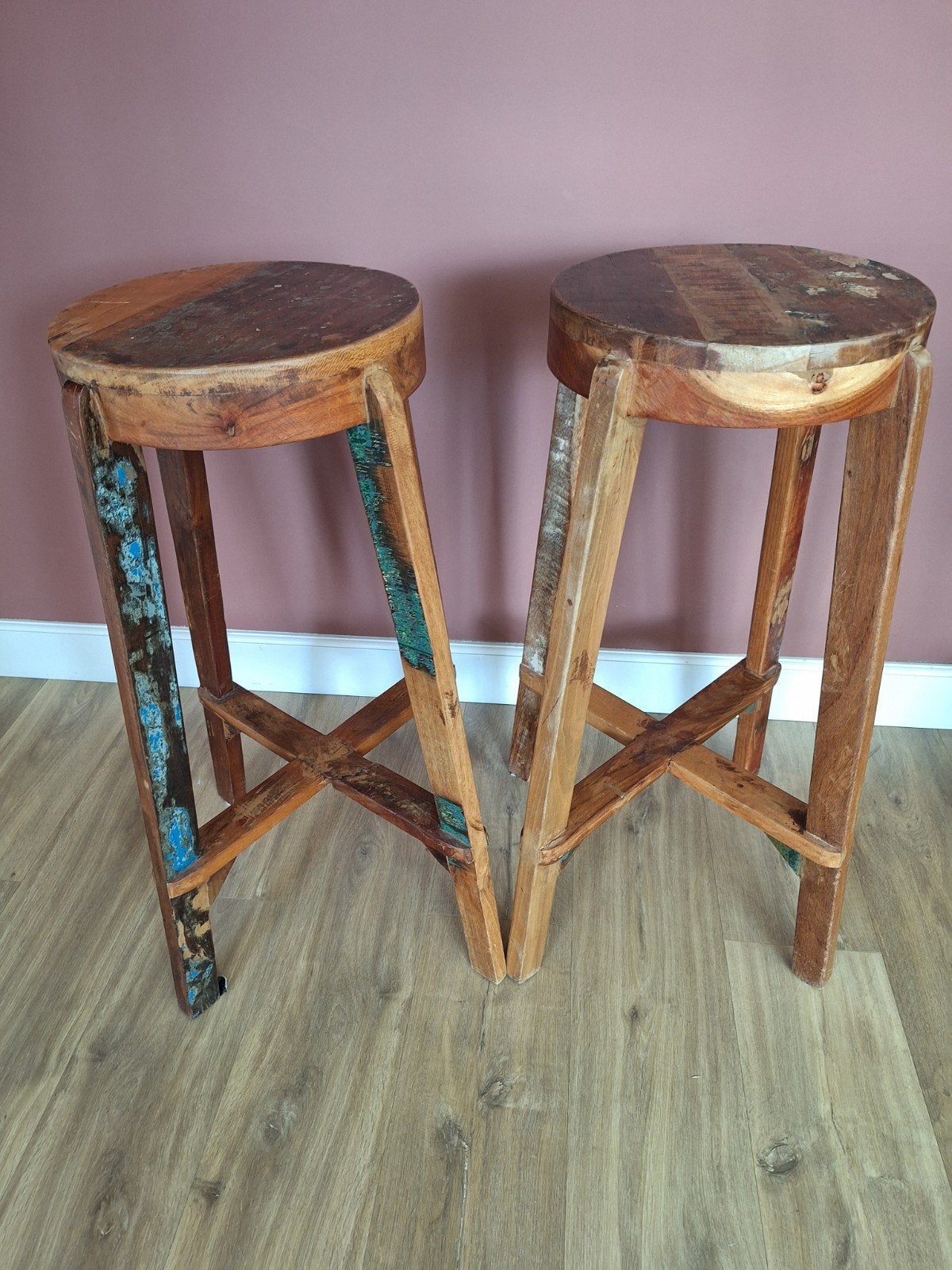 Set van 2 houten barkrukken, Ophalen, Gebruikt, 60 tot 90 cm, Hout