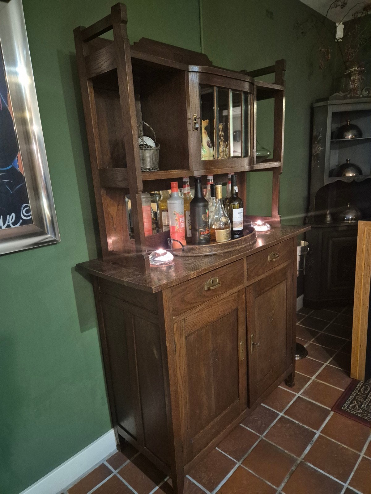 Antiek eiken dressoir met vitrinekast en spiegel, Ophalen of Verzenden