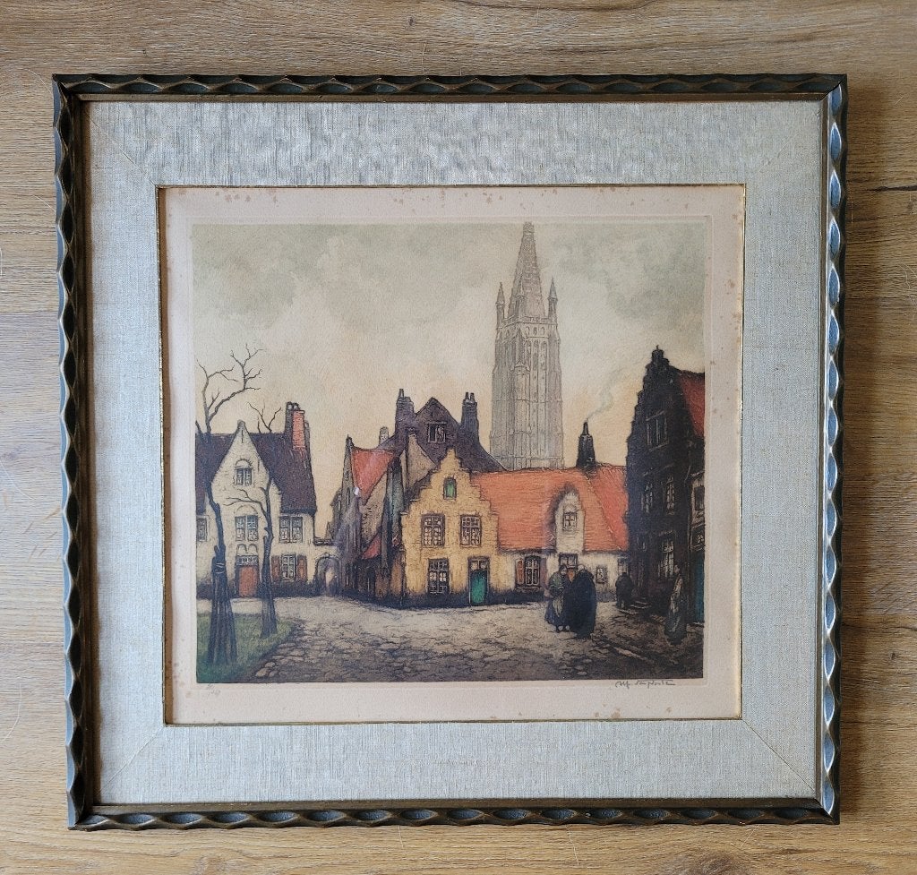 Ets Brugge 'Place de la Digue' Alfred van Neste (1874-1969), Antiek en Kunst, 53 cm, Ets, Stadsgezicht, Ophalen of Verzenden
