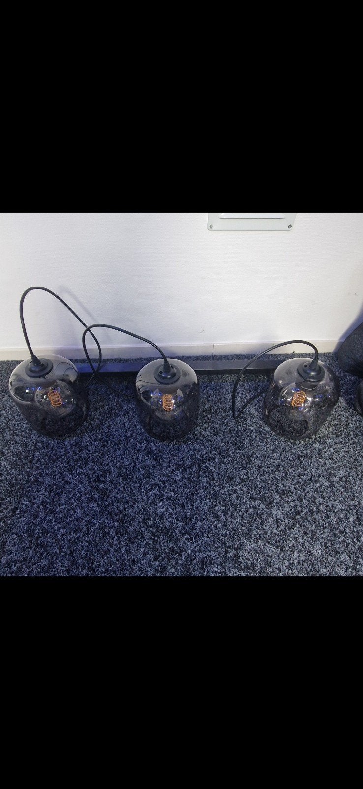 Zgan 3 lichts balk hanglamp met smoke glas en spiraal peren, Huis en Inrichting, Ophalen, Zo goed als nieuw, Glas, E27 (groot)