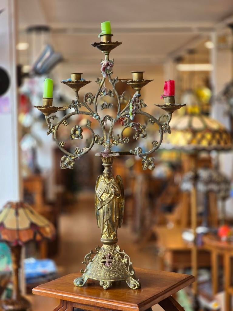 Antieke Franse Kandelaar met Engelenfiguur, ca. 1880, Antiek en Kunst, Antiek | Kandelaars, Overige materialen, Ophalen