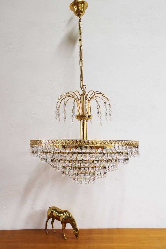 Grote vintage kroonluchter. Gouden Hollywood Regency lamp, Ophalen, O, O, Overige materialen