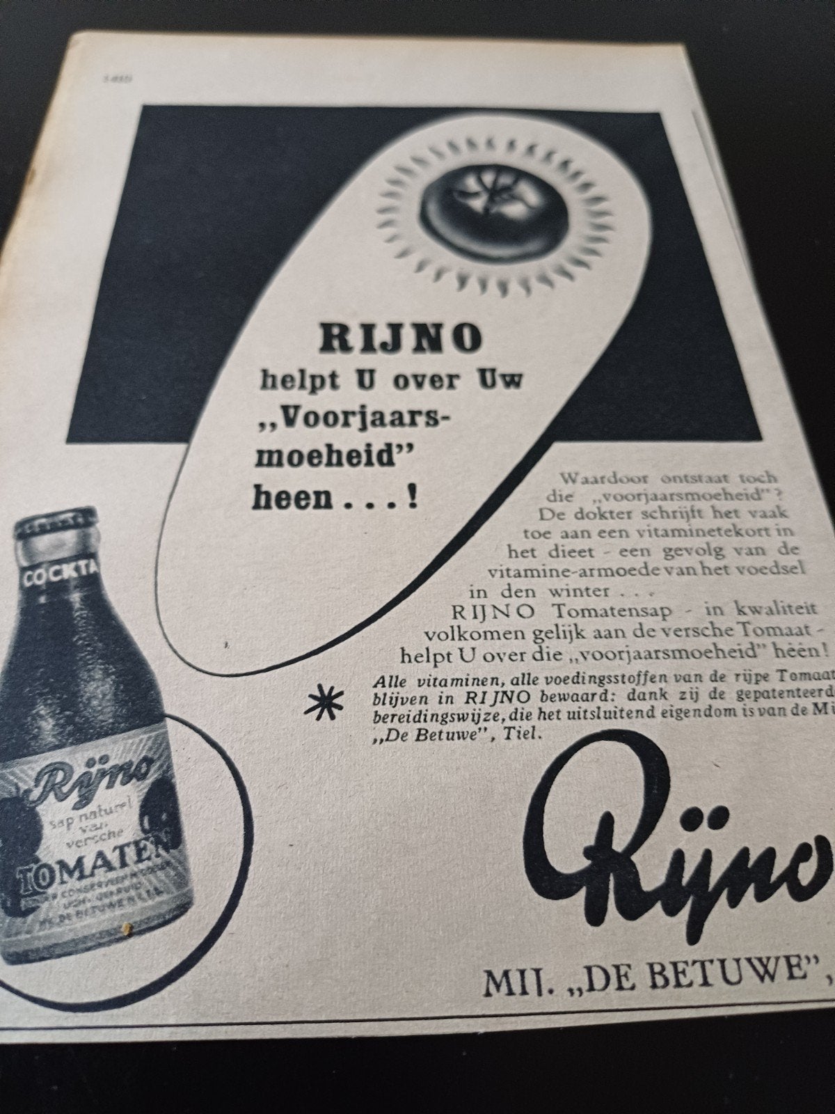 advertentie van de Betuwe Tiel Flipje Rijno 1939, Ophalen of Verzenden, Zo goed als nieuw, Overige typen
