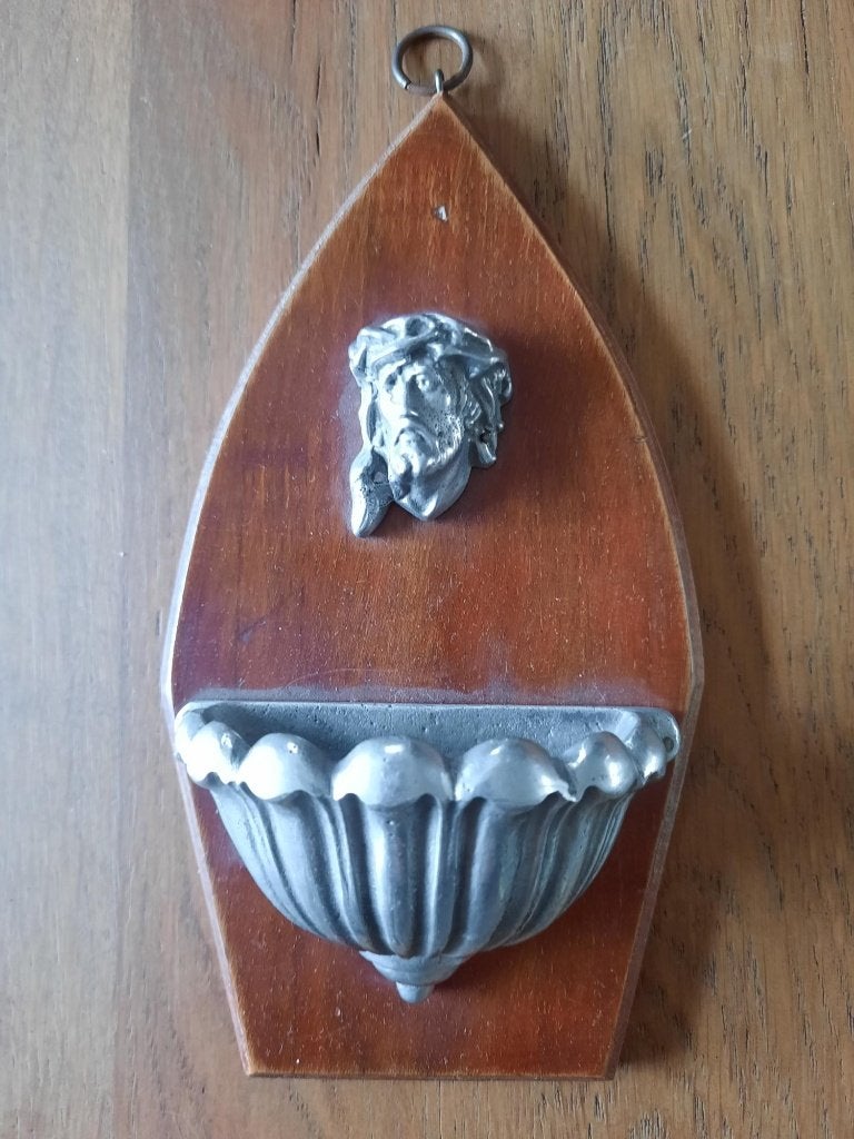 Antiek Houten Wijwaterbakje met Jezus-reliëf (18 x 10 cm), Antiek en Kunst, Ophalen of Verzenden