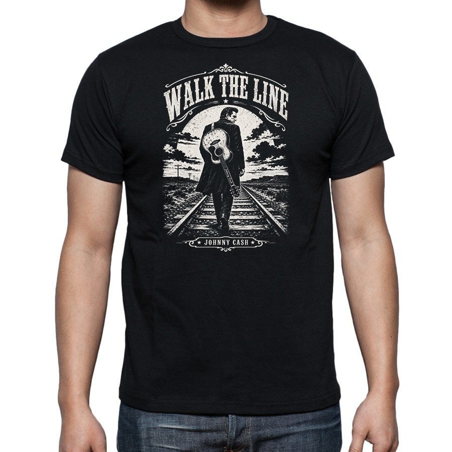 Johnny Cash Walk the line T-shirt, Zwart, B&C Collection, Nieuw, Overige maten
