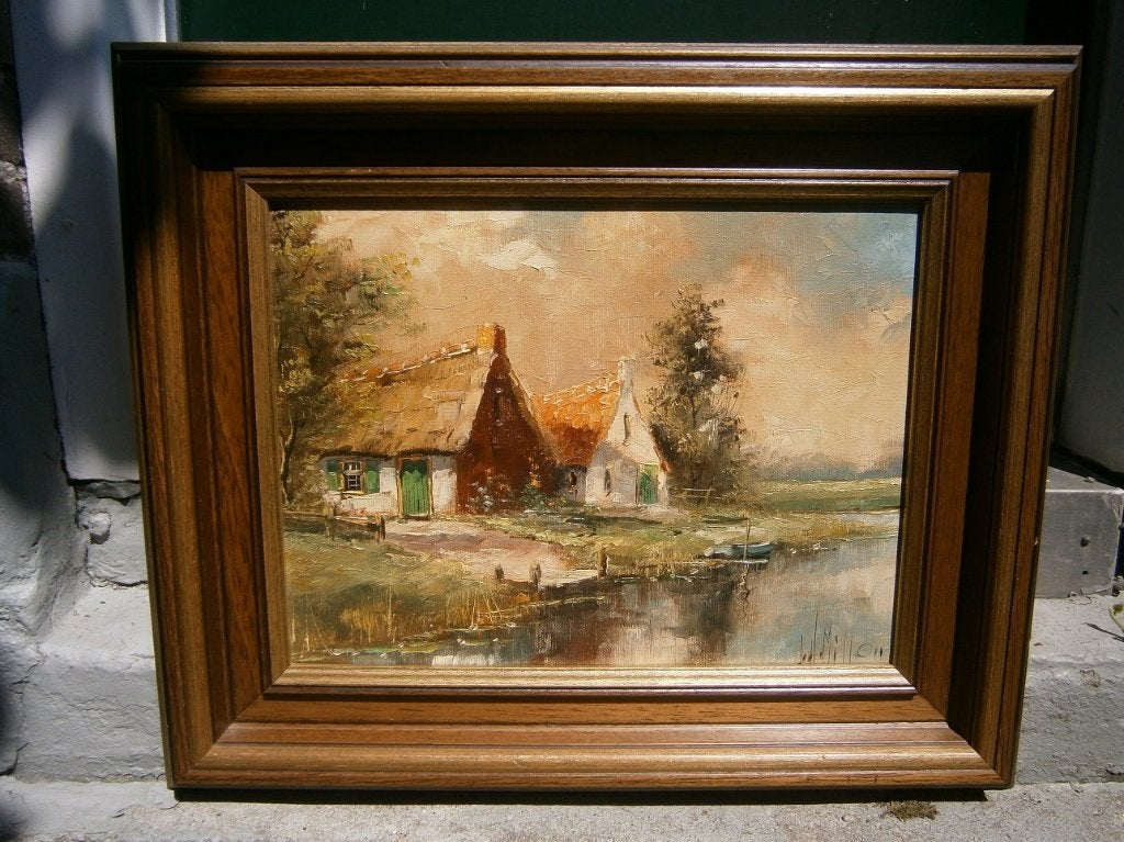 an Hendrik Miller: Olieverfschilderij, boerenwoningen, Doek, Ophalen of Verzenden, Olieverf, Klassiek