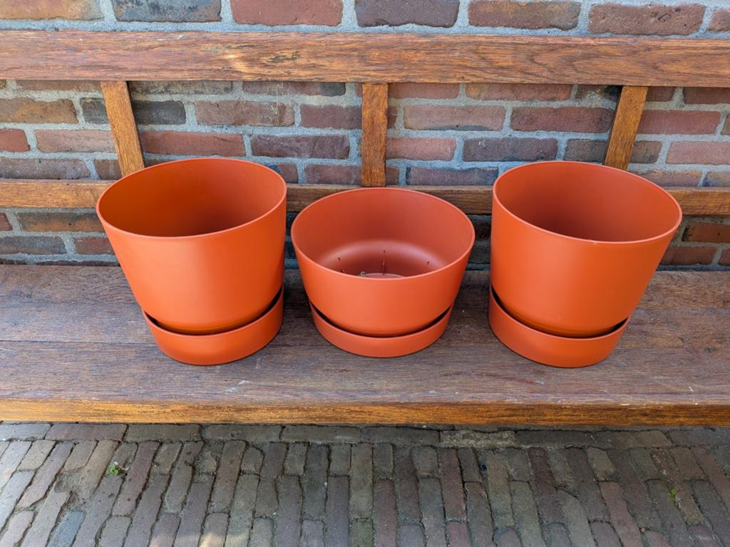 3 grote Elho Greenville ronde kunststof bloempotten, Ophalen, Kunststof, Rond, Binnen