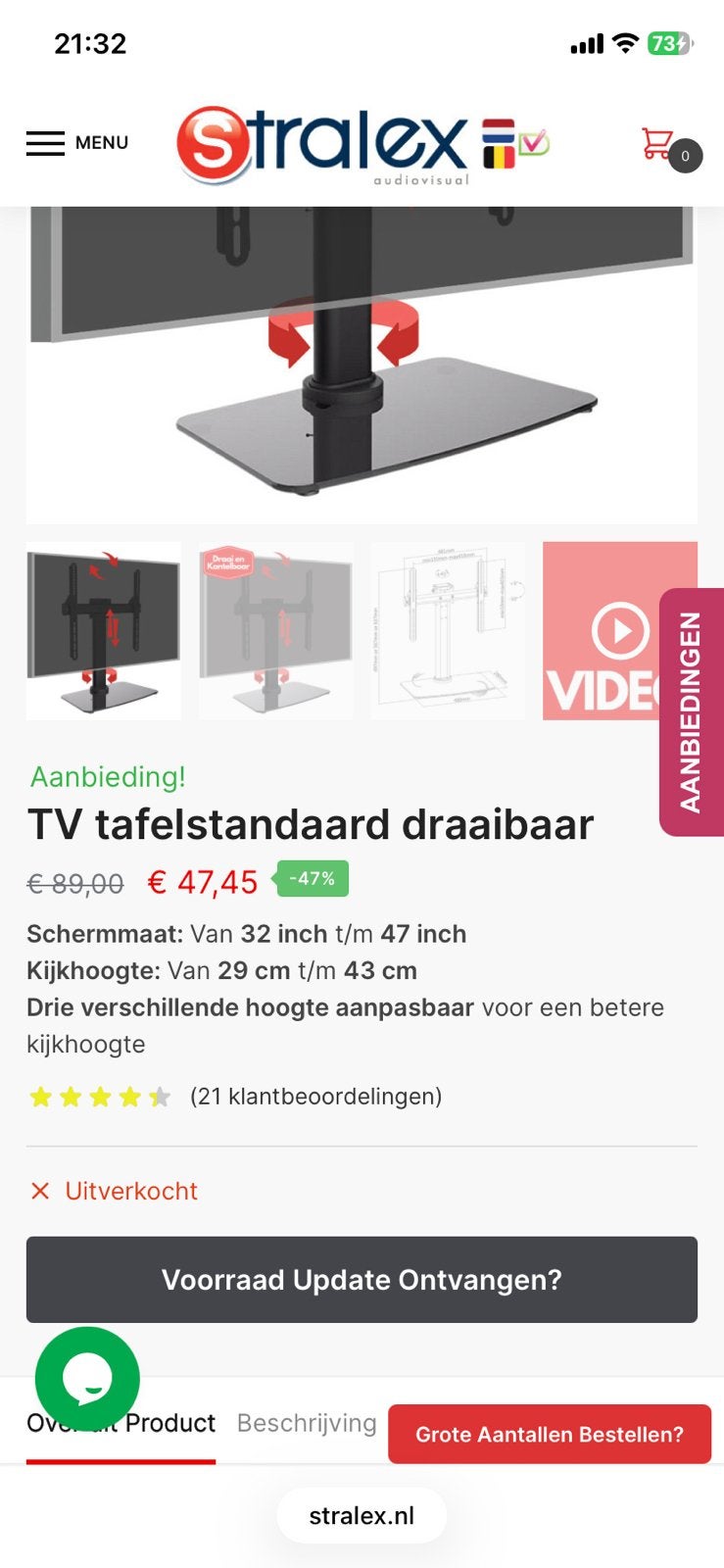 Tv tafelstandaard glas draait 32 inch 47 inch, Ophalen of Verzenden, Nieuw