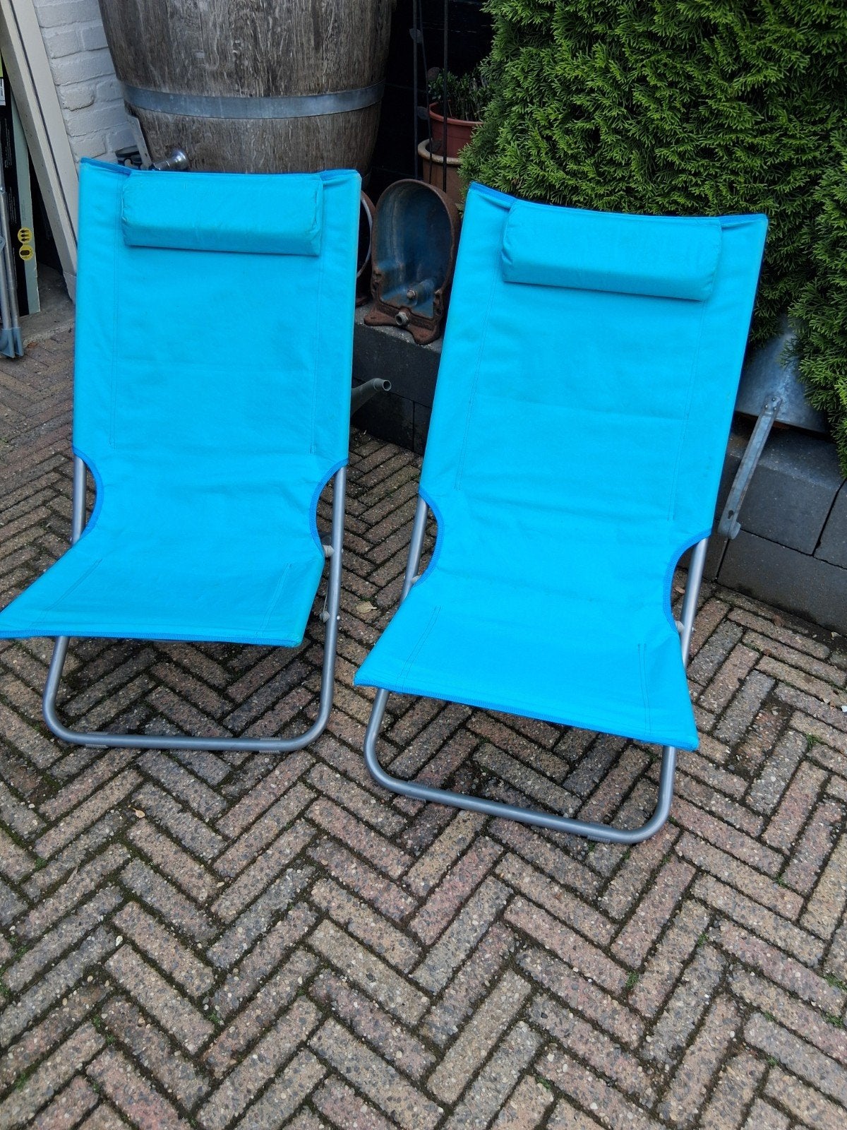 Twee blauwe strandstoelen met kussen, inklapbaar, Tuin en Terras, Tuinstoelen, Ophalen, Gebruikt, Textileen, Inklapbaar