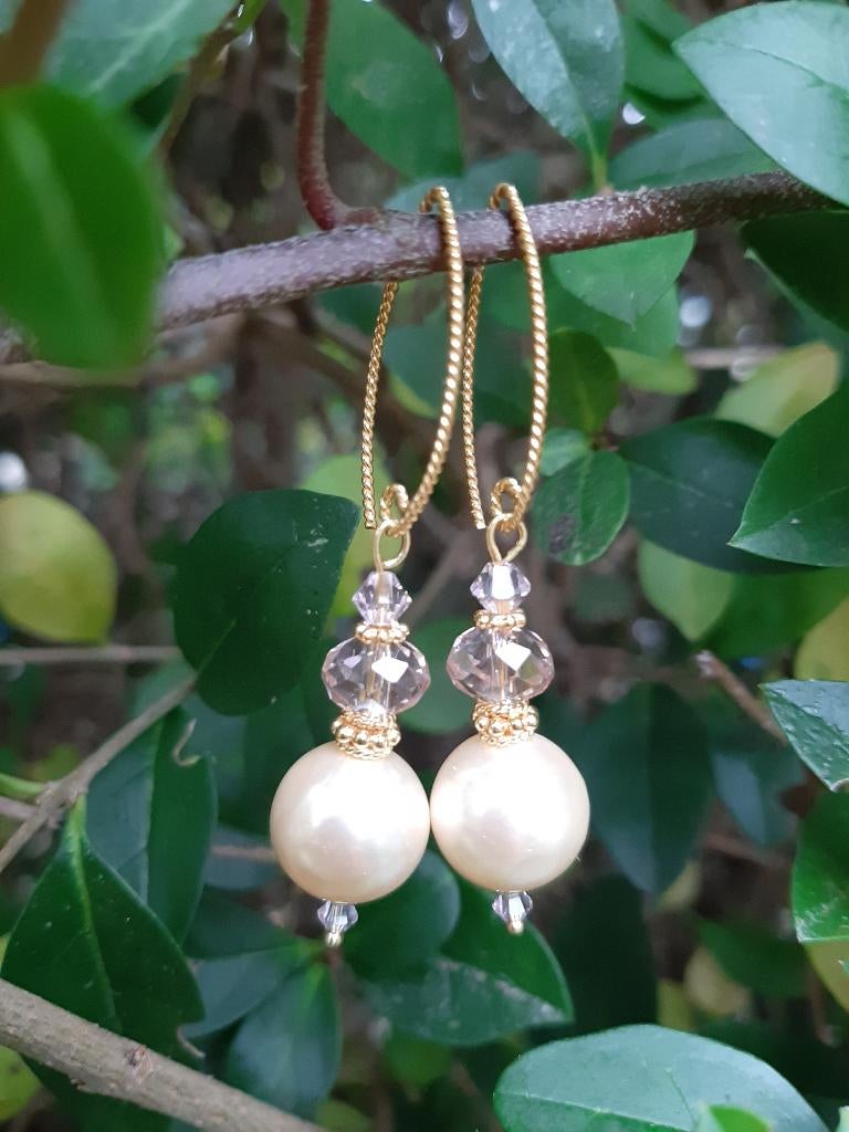 Oorbellen Desi shellparel-kristalglas-swarovski kristal goud, Hangers, Nieuw, Roze, Goud