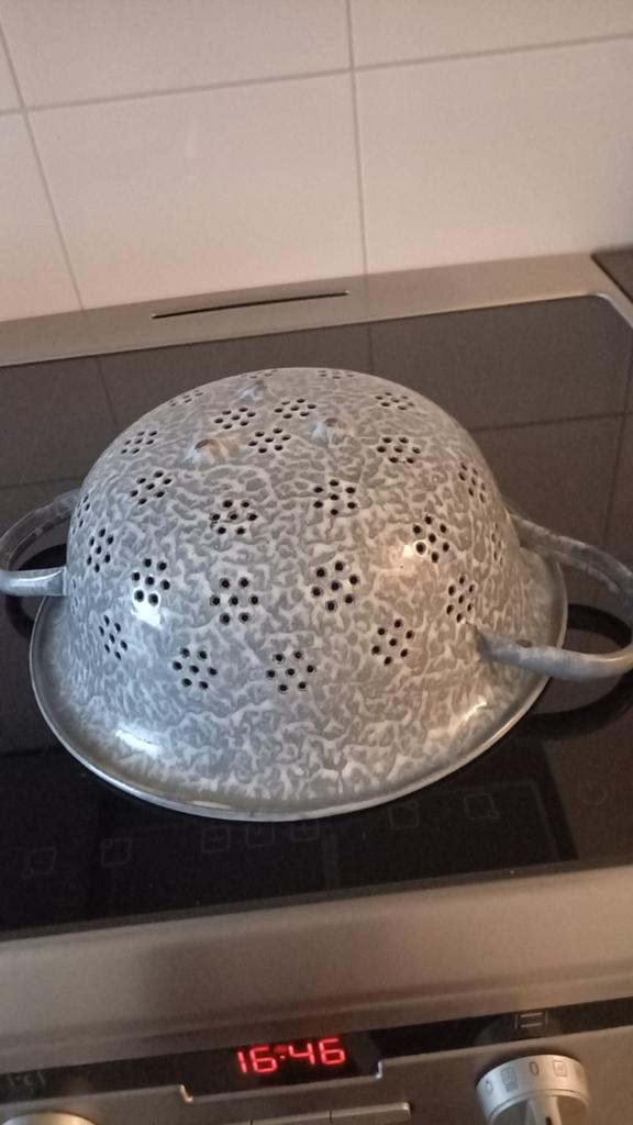 Vintage geëmailleerd vergiet - grijs gespikkeld, Ophalen of Verzenden