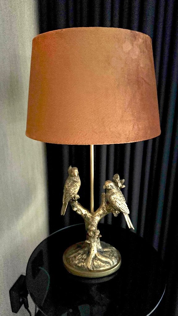 Gouden Xenos Lampenvoet Parkieten met Bruine Velvet, Met schakelaar, 61 cm, E27 (groot), Zo goed als nieuw