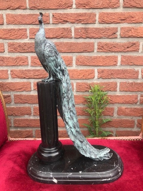 trotse bronzen pauw op marmeren zuil, topbeeld!, Brons, Beeld, Vogel, Gemerkt