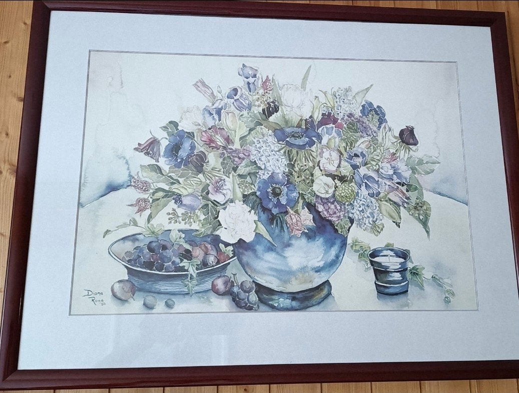 Prachtige aquarel van bloemen en fruit in lijst, Ophalen