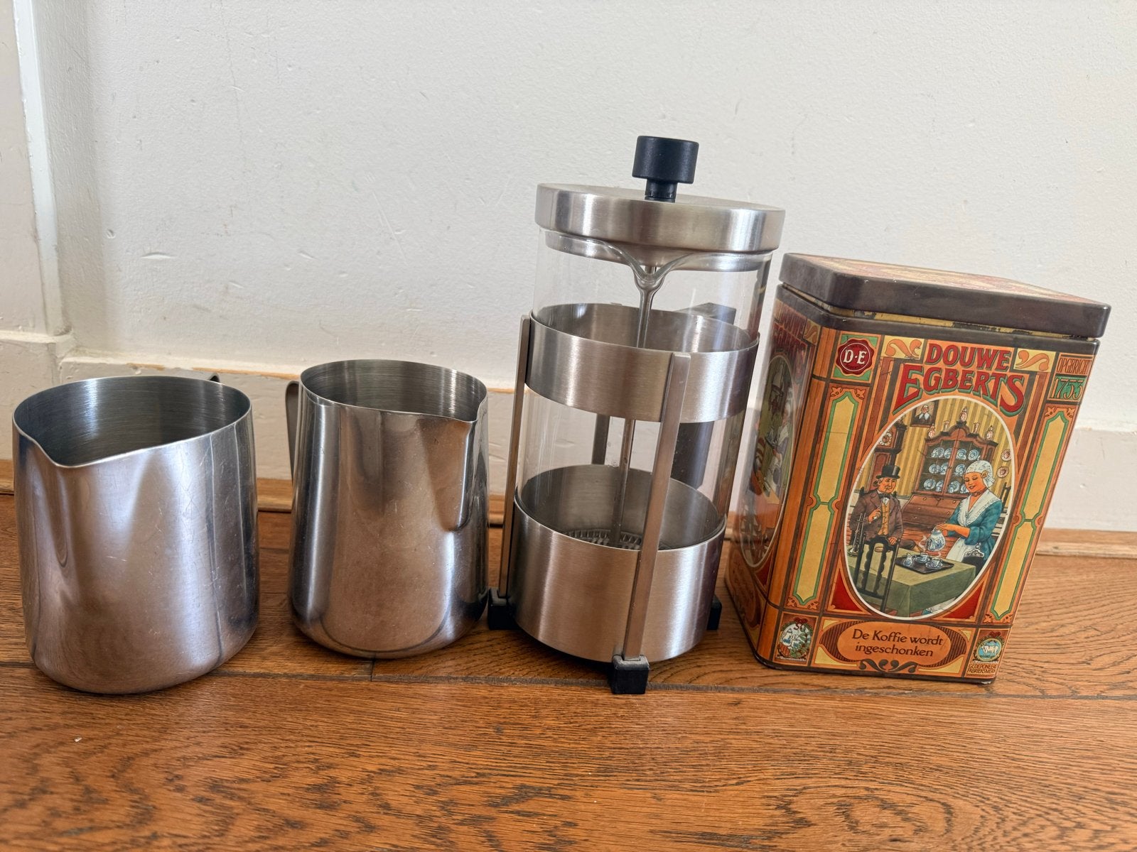 Cafetière, 2 melkkannetjes en DE blik, Ophalen, Zilver, Metaal, Overige merken