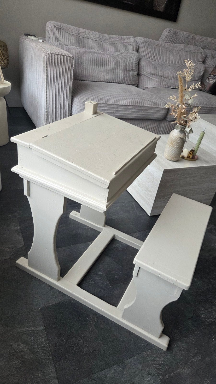 Vintage kinderbureau met bankje - Oud schoolbankje, Kinderen en Baby's, Kinderkamer | Tafels en Stoelen, Ophalen, Gebruikt, Tafel(s)