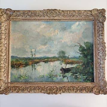Olieverf schilderij A.Torie, Doek, Ophalen of Verzenden, Landschap, Gesigneerd