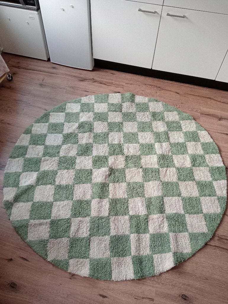 Groen-wit geblokt vloerkleed VOLERO, Ophalen, Gebruikt, 150 tot 200 cm, Rond