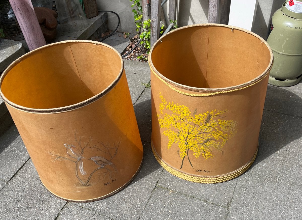 Set van 2 vintage lampenkappen met handgeschilderde decorati, Ophalen, Papier/karton, Gebruikt, Bruin