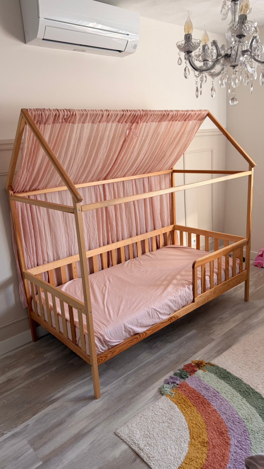 Houten kinderbed met hemel en lattenbodem, Ophalen, Gebruikt, 70 tot 85 cm, Lattenbodem