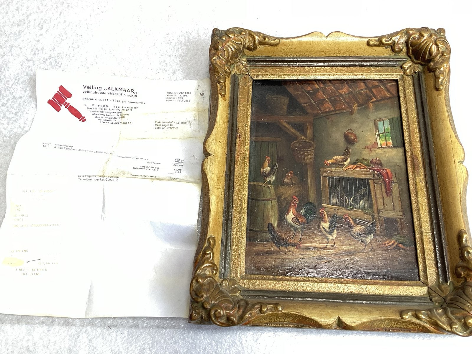 Olieverfschilderij H. van Tankeren - Stalinterieur met pluim, Ophalen