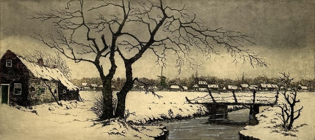 295. Kleurenets, Antoon van Hemert – "Winter", Nederland., Antiek en Kunst, Kunst | Etsen en Gravures, Ophalen of Verzenden