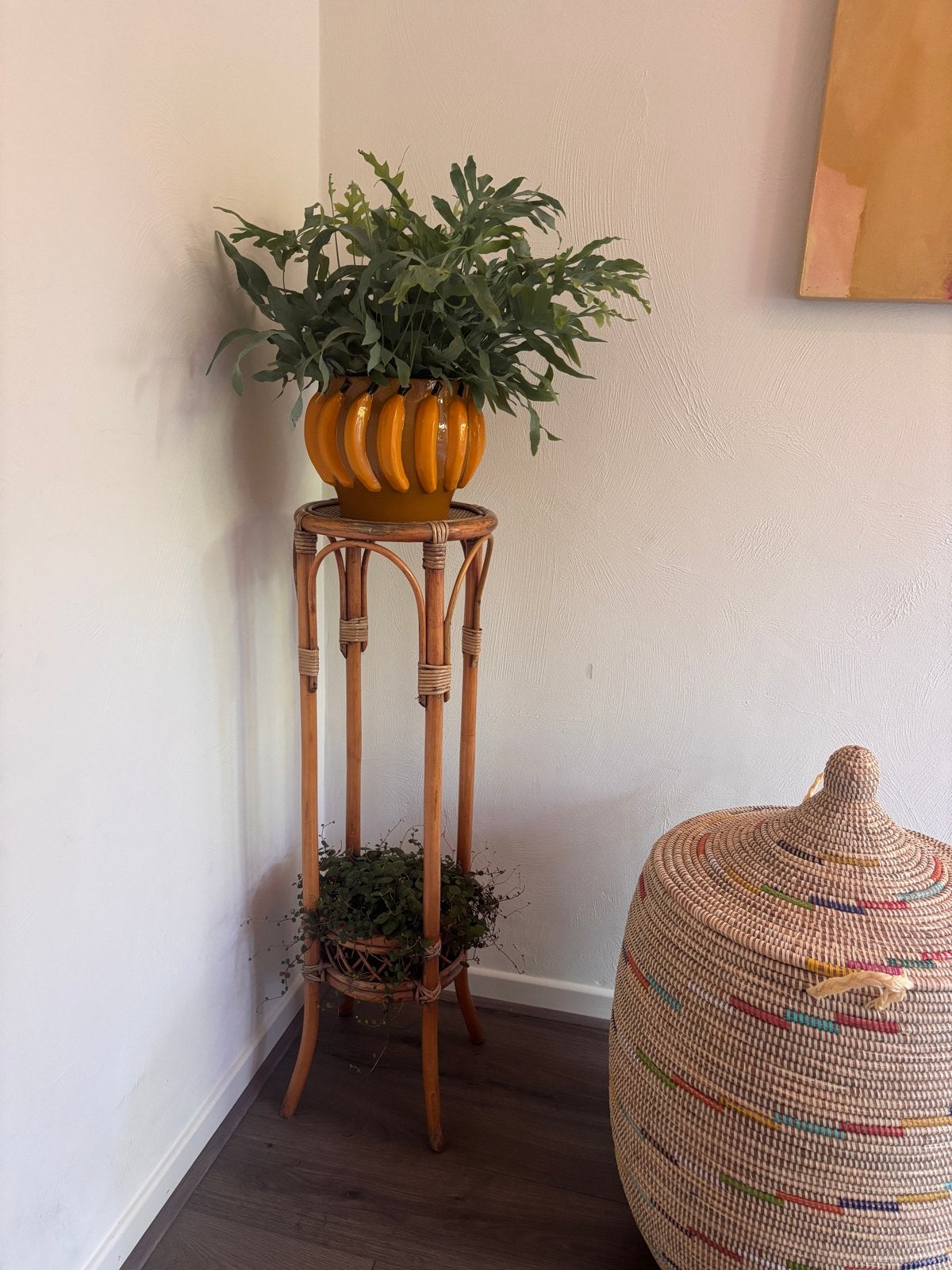 Vintage rotan plantenstandaard, Huis en Inrichting, Woonaccessoires | Overige, Ophalen, Vintage, Gebruikt, Natuurlijk materiaal