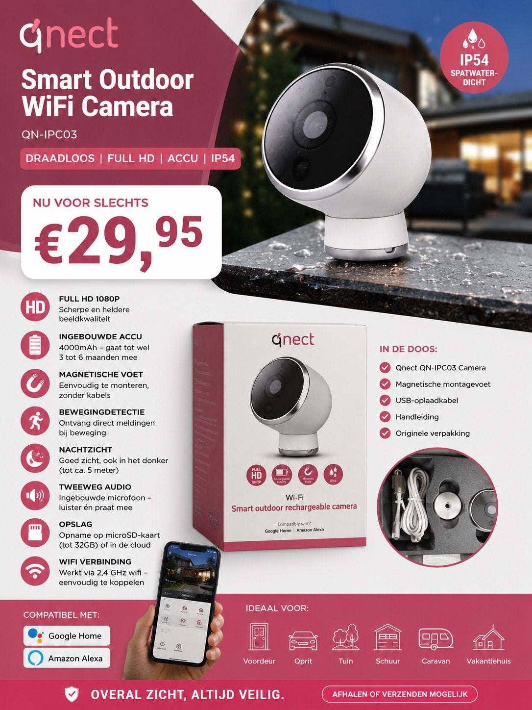Qnect Smart Outdoor WiFi Camera QN-IPC03 - Full HD, Accu, IP, Ophalen of Verzenden, Zo goed als nieuw, Buitencamera