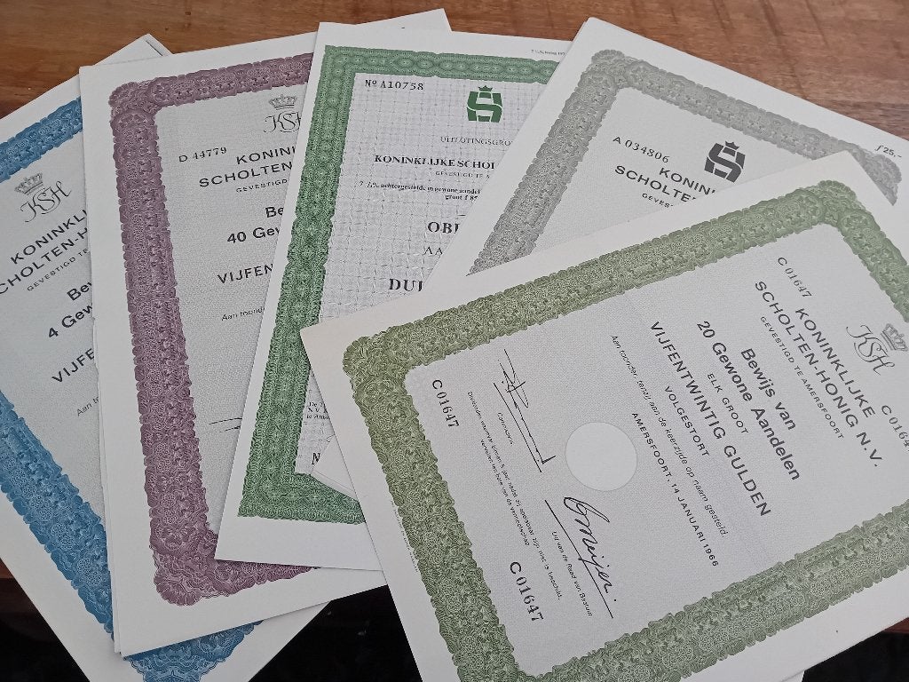 5x KHS - Koninklijke Scholten Honig, Postzegels en Munten, Aandelen en Waardepapieren, Ophalen of Verzenden, 1970 tot heden, Aandeel