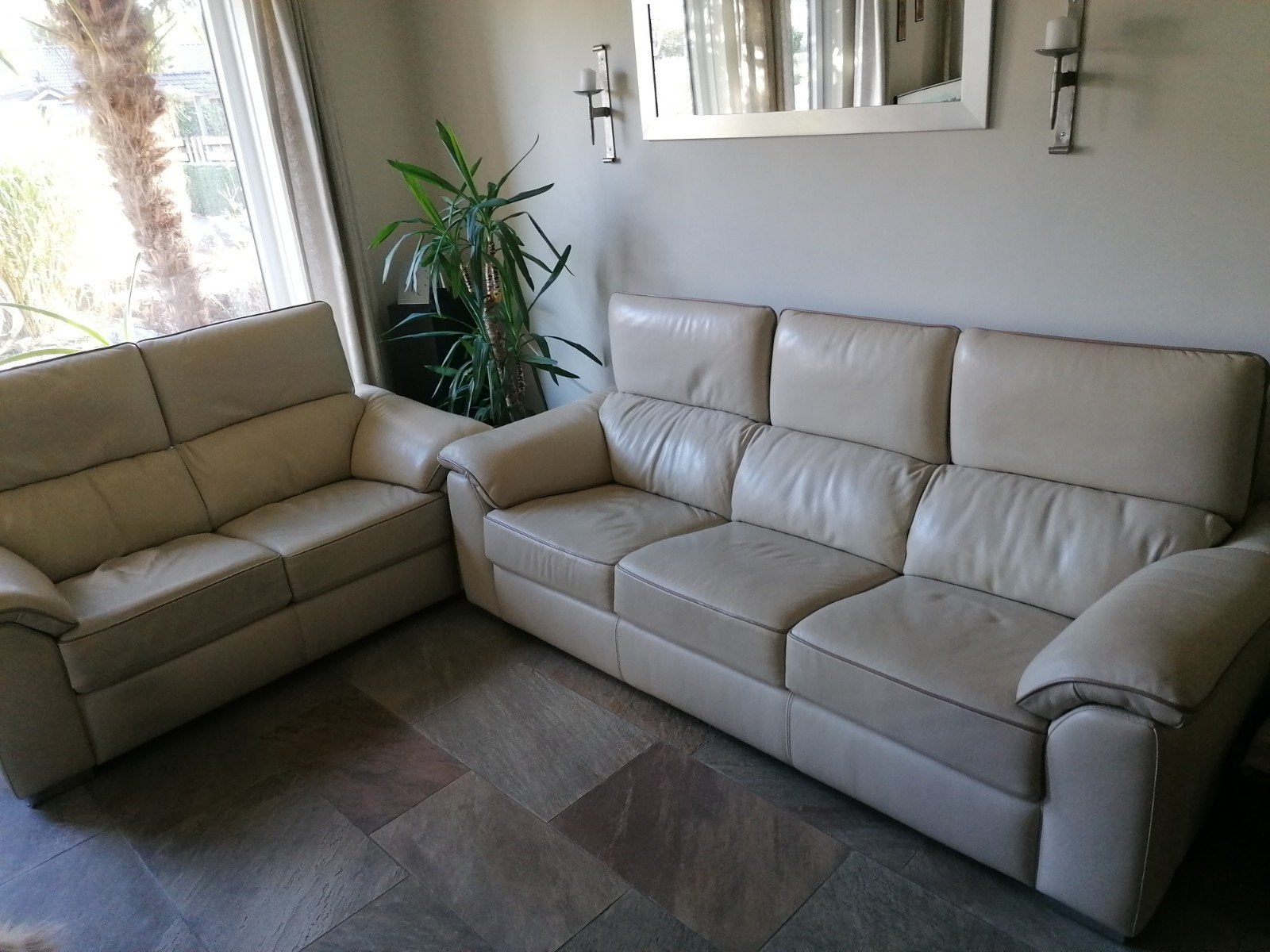 Beige leren bankstel in zeer goede staat, Huis en Inrichting, Ophalen, Gebruikt, Leer