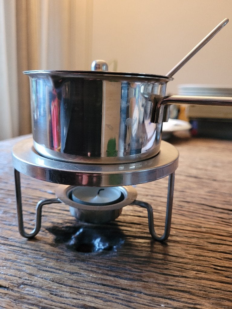 RVS Sauswarmer / Boterwarmer met rechaud (Kwaliteit 18-8), Zilver, Ophalen of Verzenden, Metaal, Overige merken