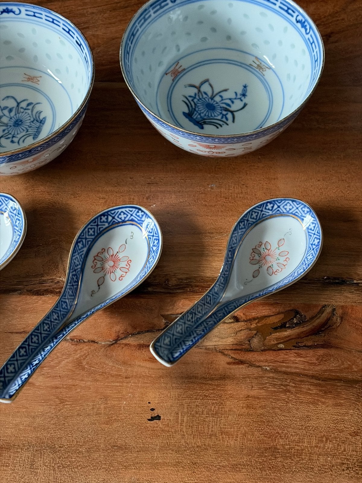 Set van 2 Chinese rijstkommen en 3 lepels, Made in China, Ophalen