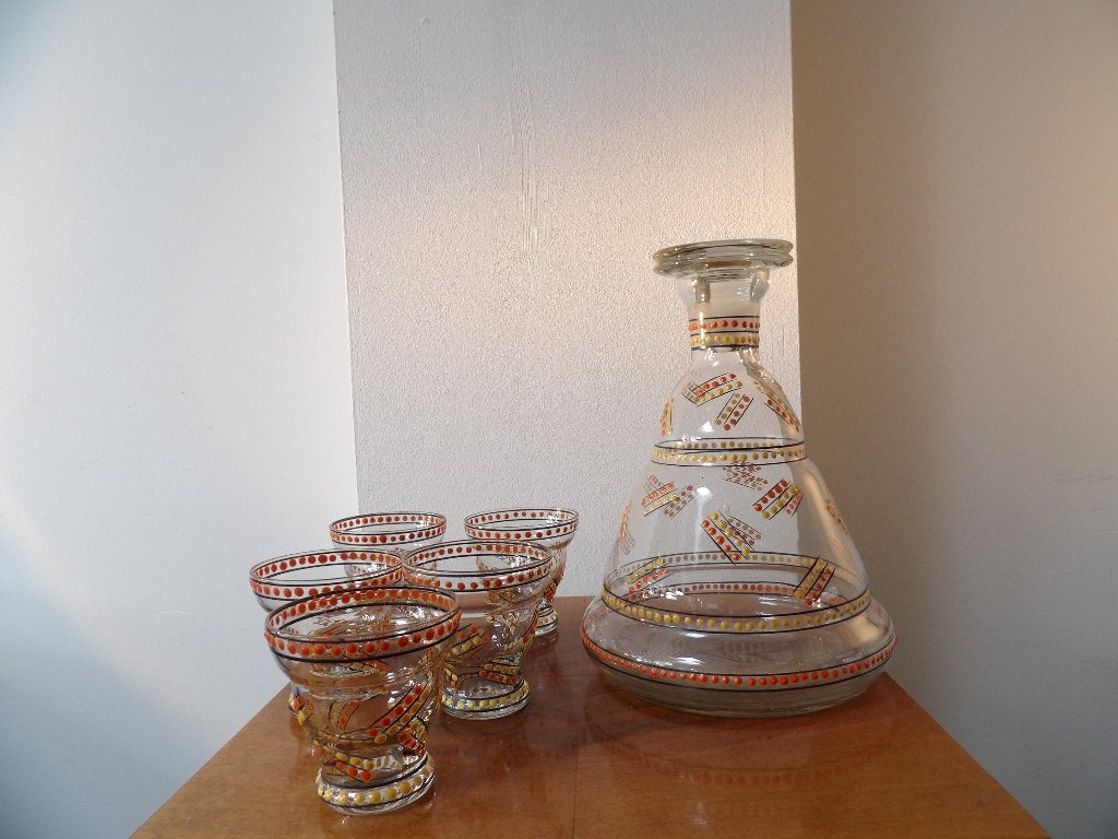 Art Deco Likeur Set - Boheems, Oranje/Geel Emaille, Ophalen of Verzenden
