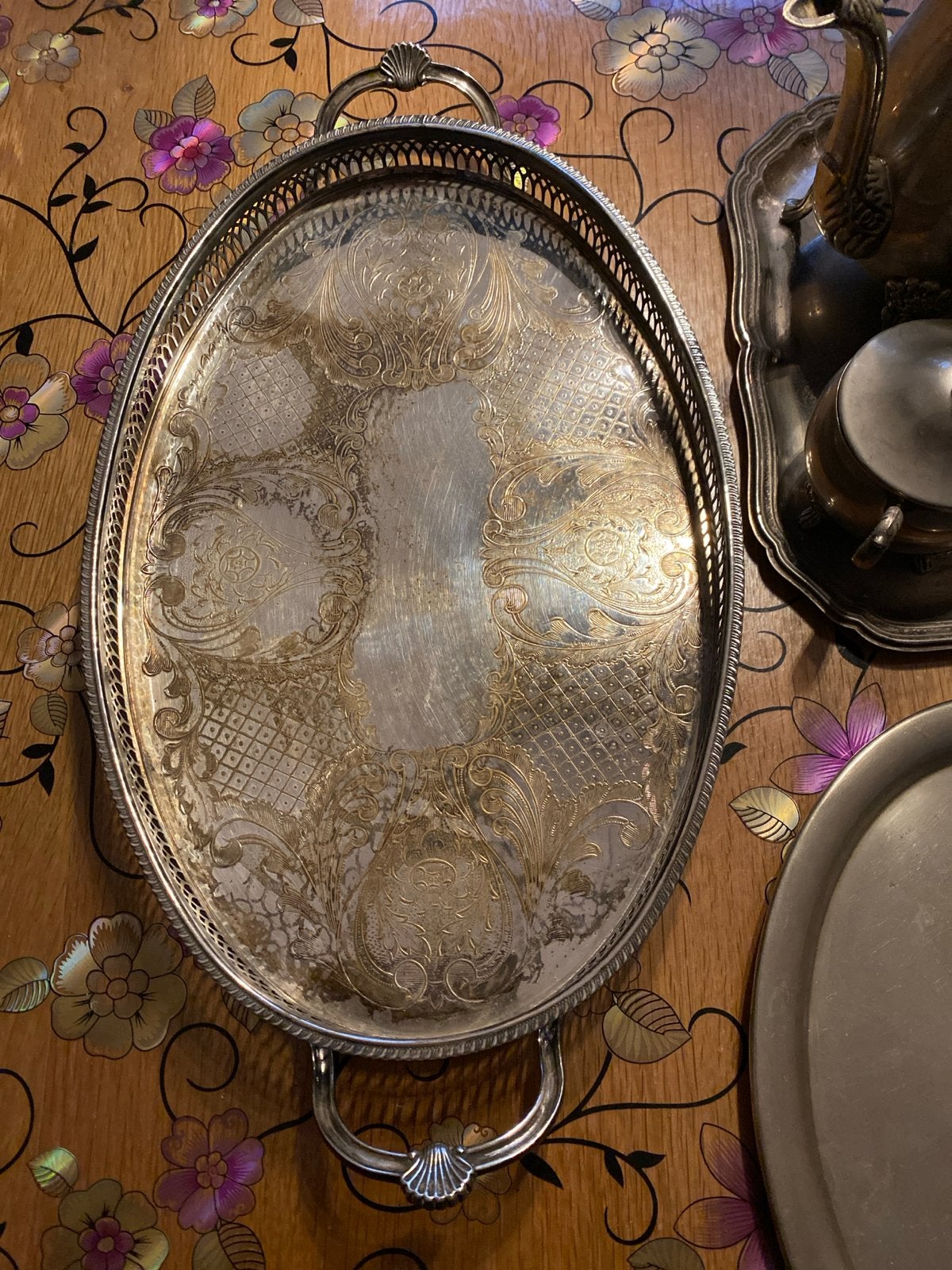 Antiek verzilverd theeservies met dienbladen en kandelaars, Antiek en Kunst, Ophalen of Verzenden, Zilver