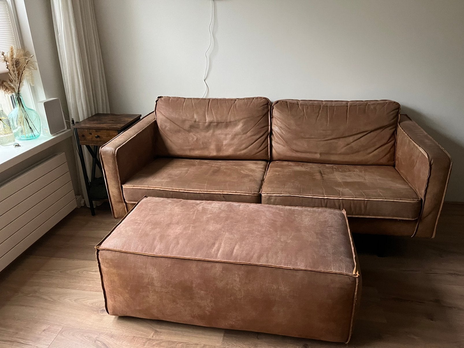 Cognac bruin leren bank twee-zit, Ophalen, Gebruikt
