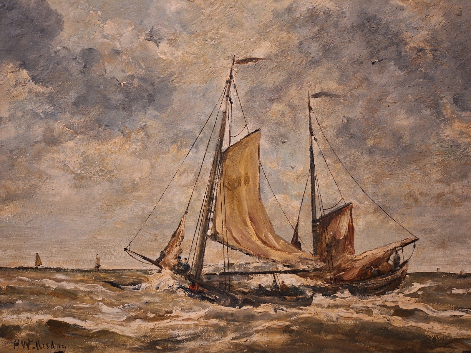 Maritiem Schilderij Boten Gesigneerd H.W. Mesdag, Antiek en Kunst, Ophalen, Maritiem / water, Doek, Impressionistisch