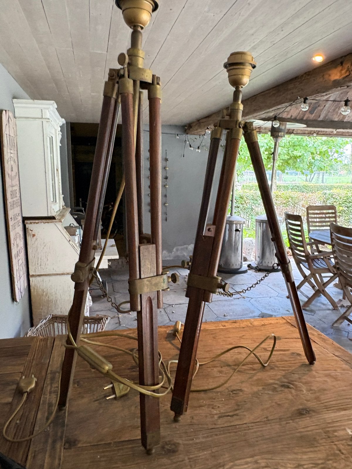 Set van 2 vintage houten driepoot lampvoeten, Antiek en Kunst, Ophalen