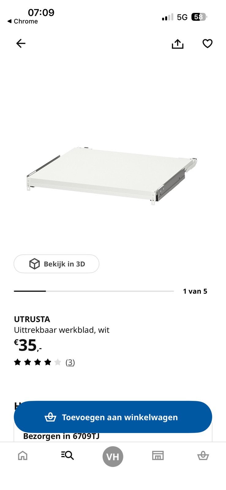 IKEA Utrusta uittrekbaar werkblad, Huis en Inrichting, Ophalen, Wit, Nieuw, 50 tot 100 cm