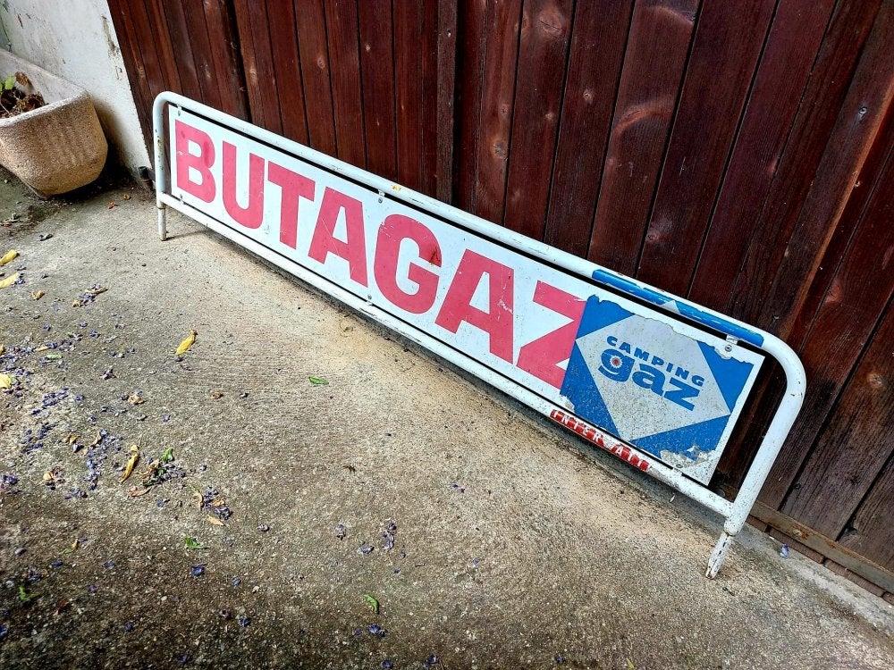 Groot stoer reclamebord BUTAGAZ camping gaz., Ophalen, Reclamebord, Gebruikt, .