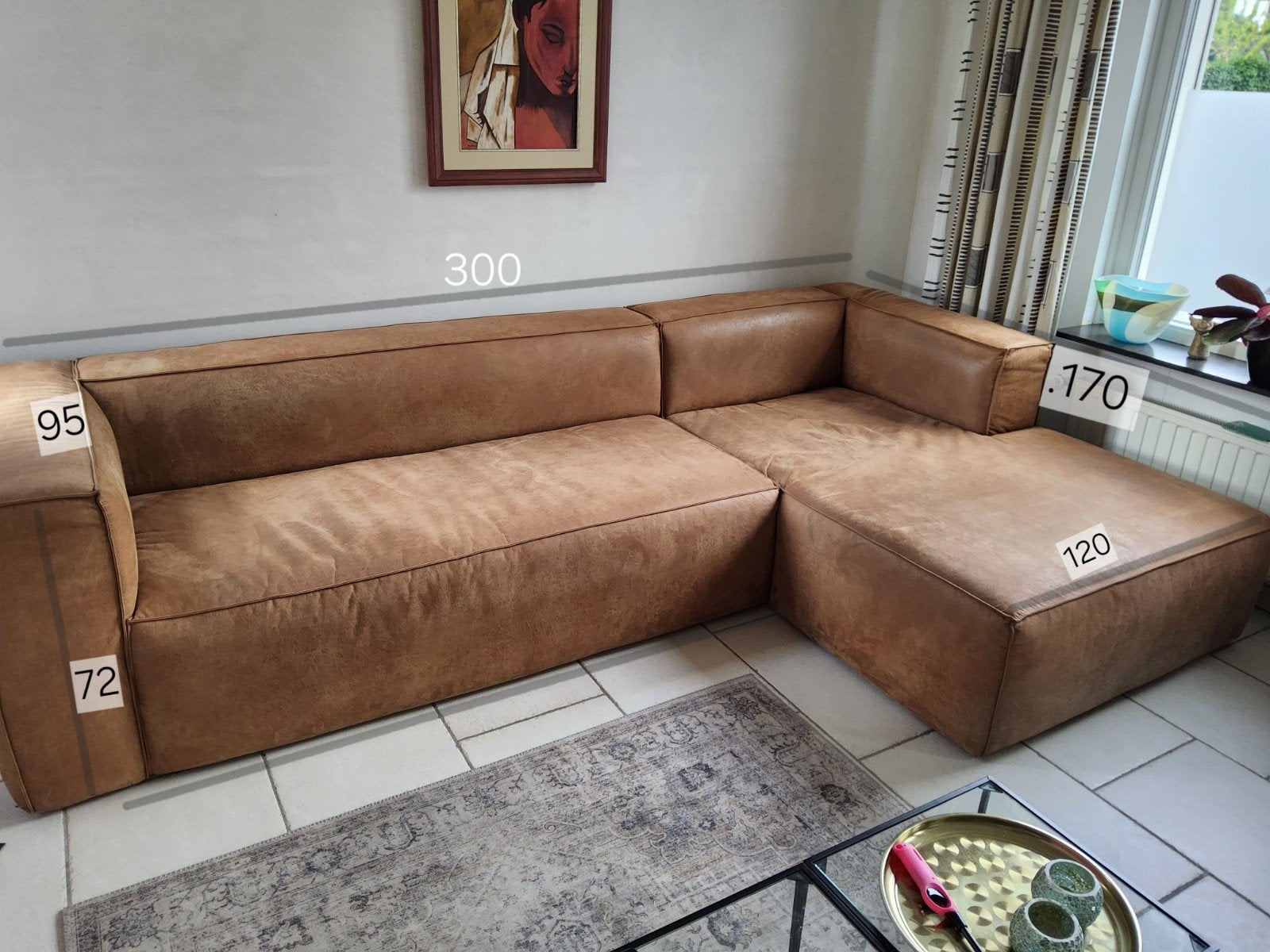 Leren hoekbank - Bruin - 300x170 cm, Huis en Inrichting, Banken | Bankstellen, Ophalen, Gebruikt, Hoekbank, 300 cm of meer