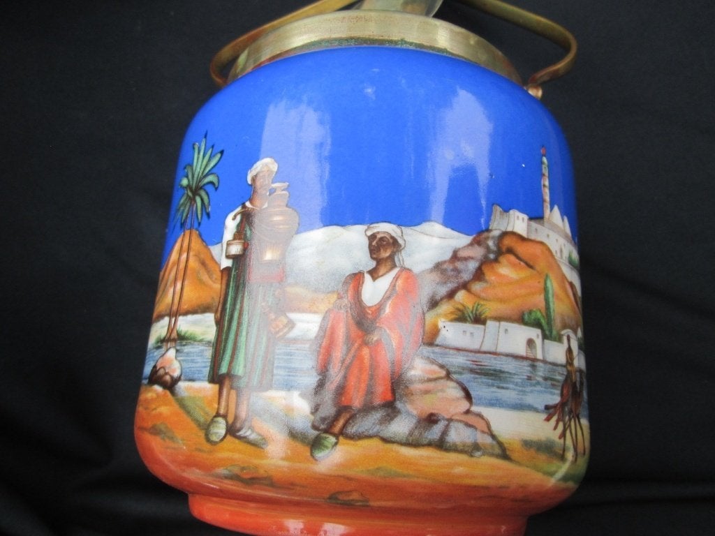 Antieke Engelse Koektrommel Porselein Oosters Tafereel Palm, Ophalen of Verzenden