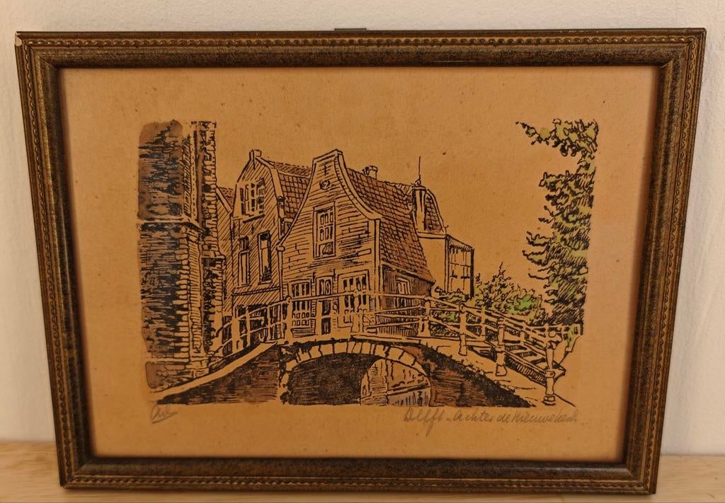 Vintage Stadsgezicht Delft - Achter de Nieuwe Kerk - Ets, Antiek en Kunst, Kunst | Etsen en Gravures, Ets, Stadsgezicht, Ophalen of Verzenden