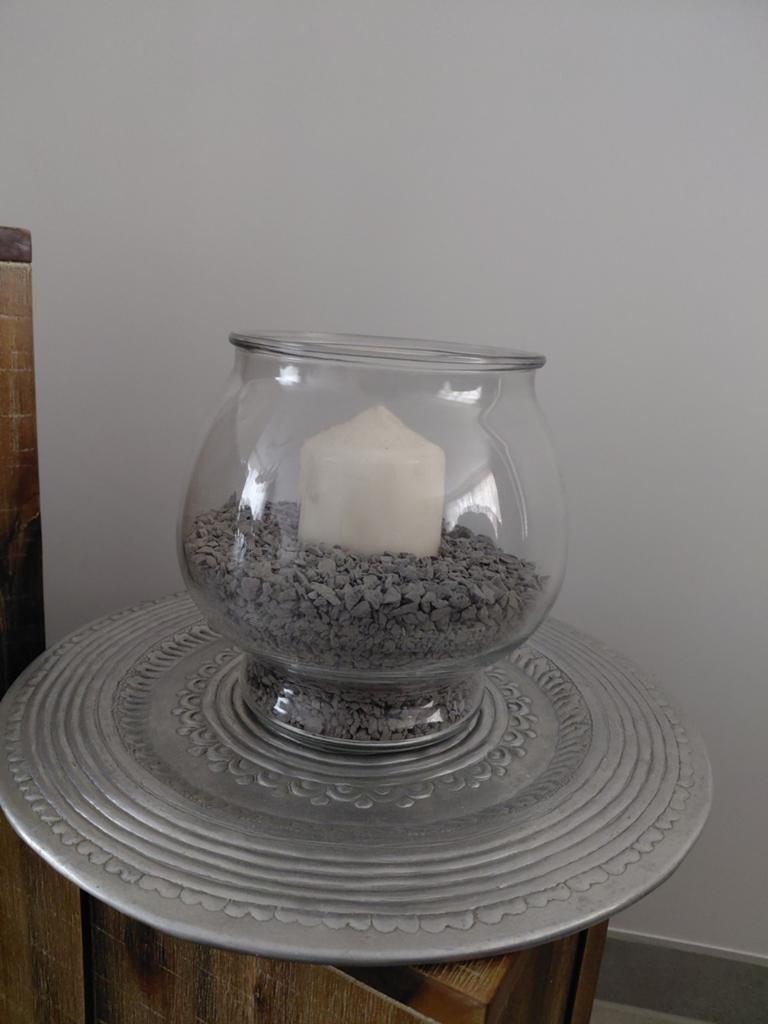 Glazen stolp met grijze stenen en witte kaars, Ophalen, Overige materialen, Minder dan 25 cm